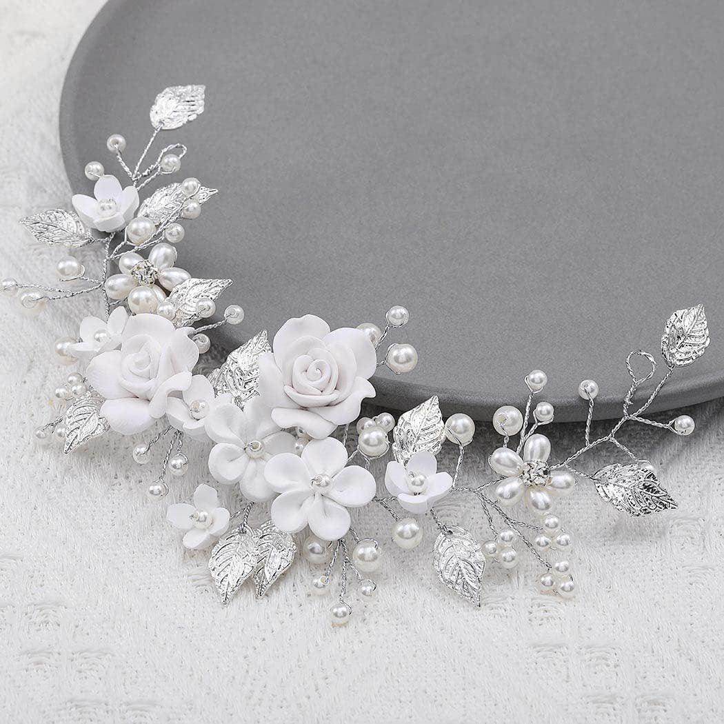 White flowers silver leaf headband Bride wedding Headpieces 739265886585 - COCOMELODY